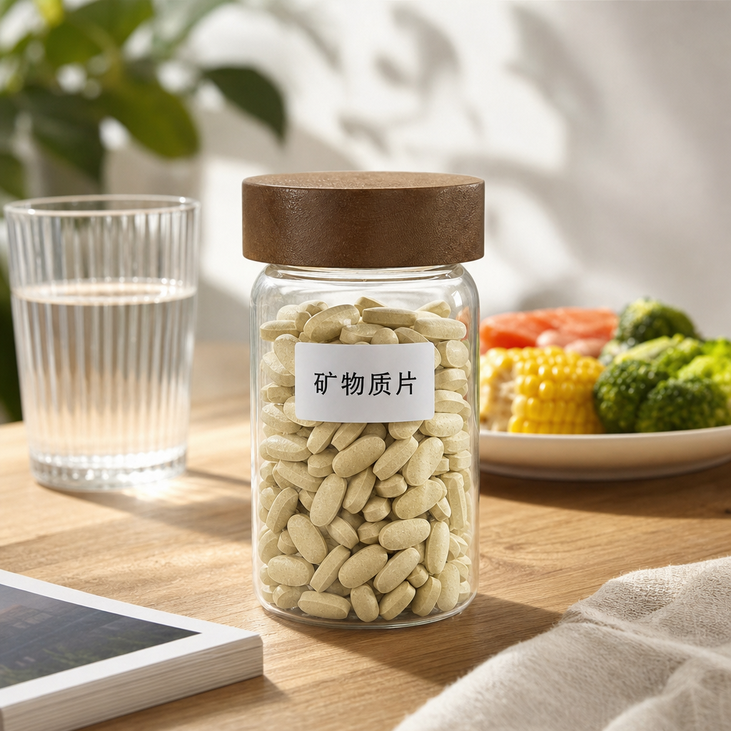 A transparent glass jar with a wooden lid, featuring light yellow oval-shaped mineral tablets details Picture