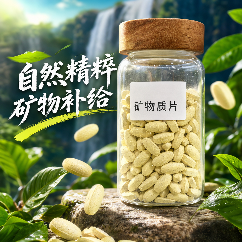 A transparent glass jar with a wooden lid, featuring light yellow oval-shaped mineral tablets Specification image