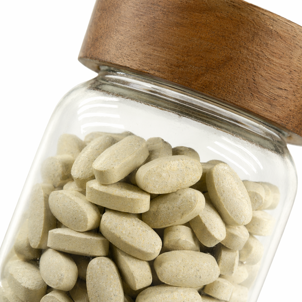 A transparent glass jar with a wooden lid, featuring light yellow oval-shaped mineral tablets Application Scenario