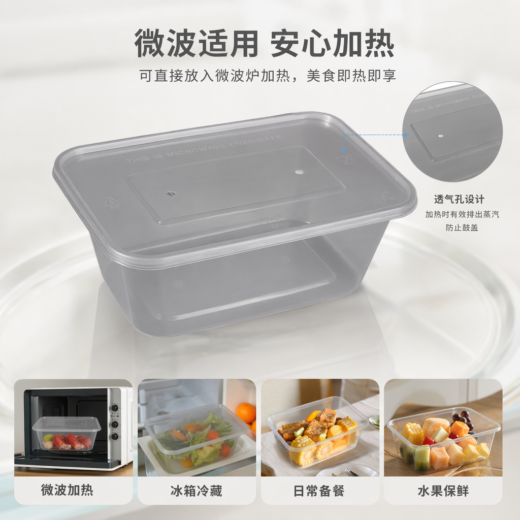 透明方形一次性打包盒 食品级PP材质 耐冷耐热 密封防漏