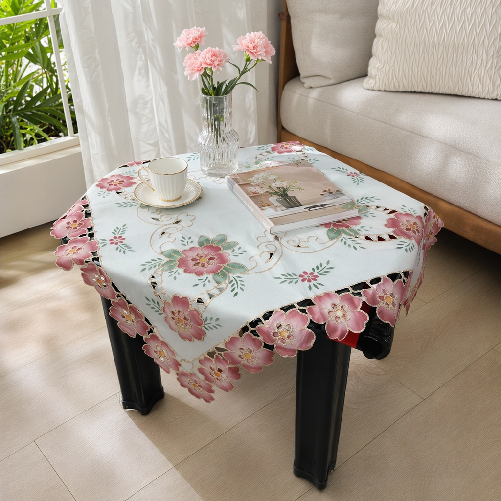White background with pink flower embroidery tablecloth, Nordic-style tablecloth for home decoration details Picture