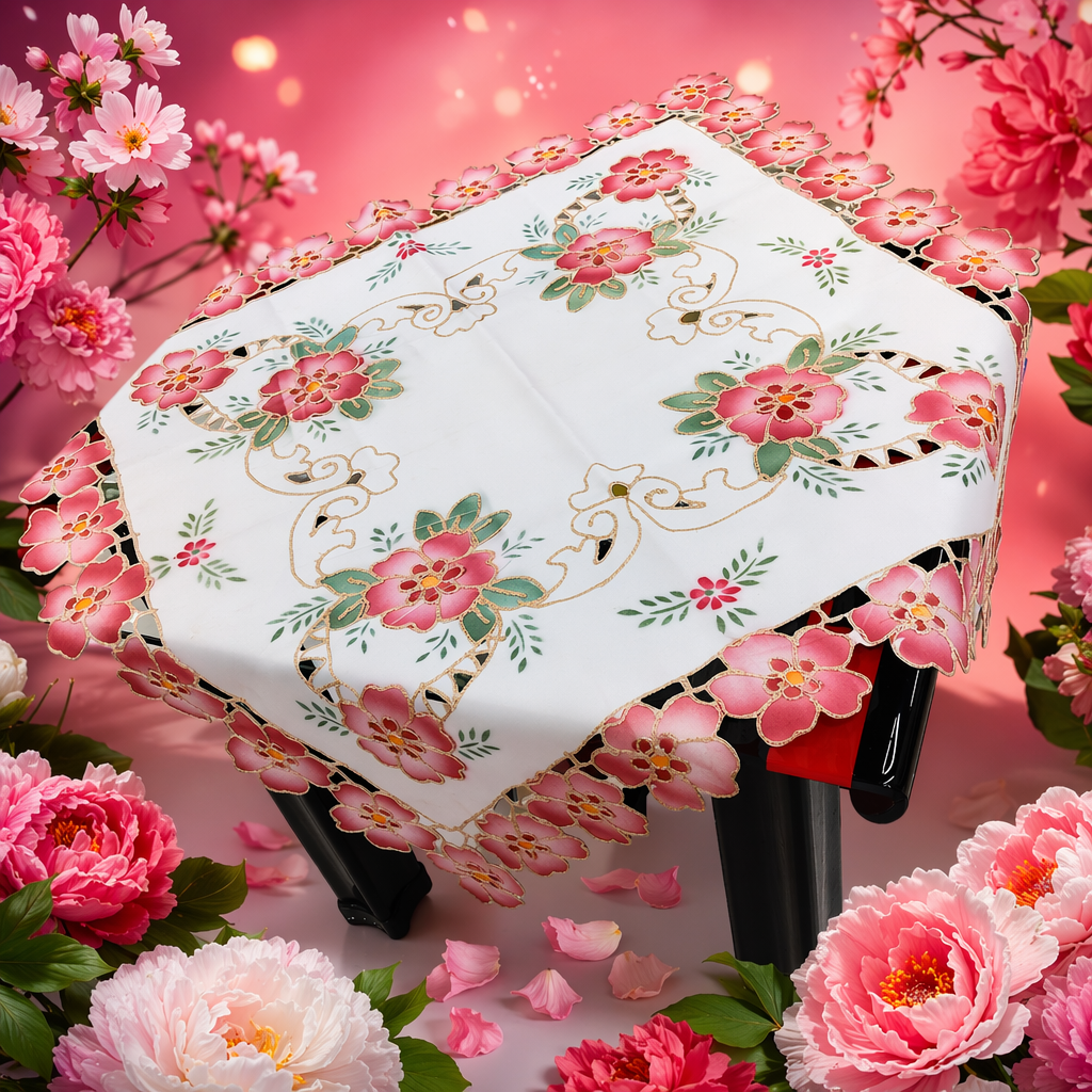 White background with pink flower embroidery tablecloth, Nordic-style tablecloth for home decoration Specification image