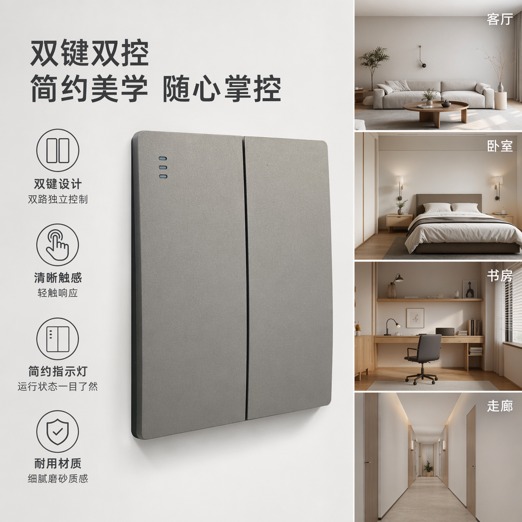 T2金/灰双联开关面板 家用墙壁开关 出口专供二开单控/二开双控