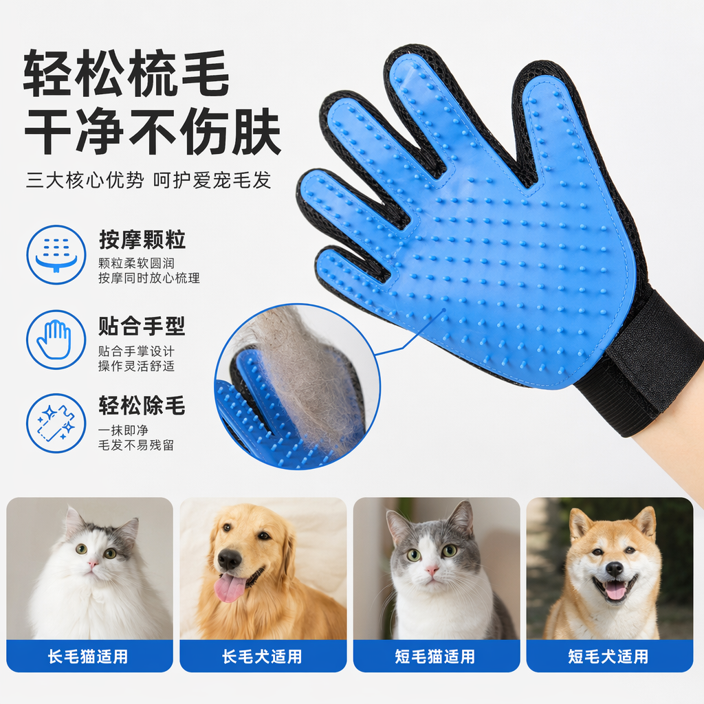 蓝色撸毛手套 宠物梳毛清洁手套 硅胶防滑按摩去浮毛