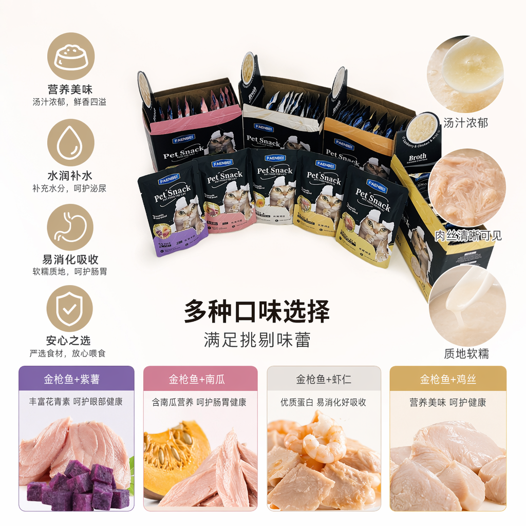 FAENBEI Pet Snack wet food Snacks for cats come in multi-color packaging boxes with individual small bags in purple, pink, white and yellow flavors