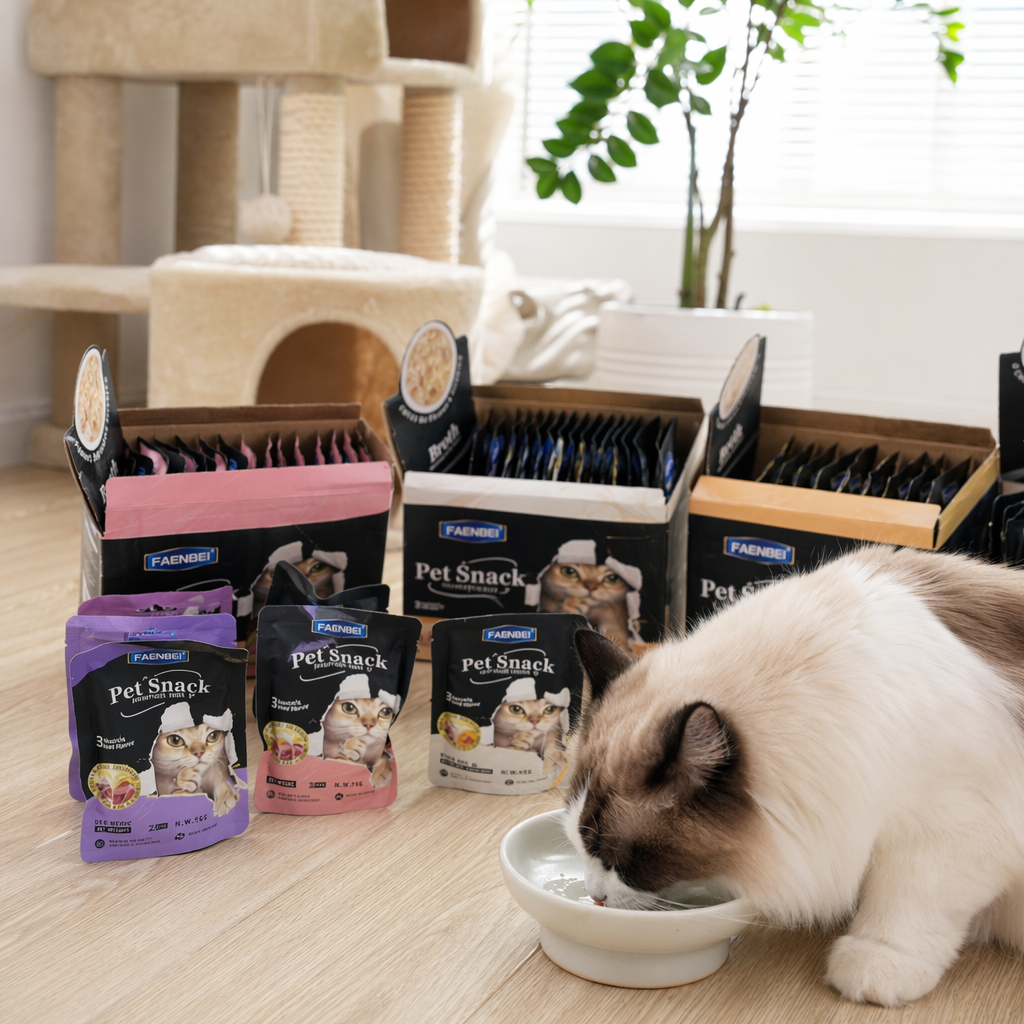 تستخدم علبة فاينبي سناك (Faenbi Pet Snackk) علب وجبات خفيفة رطبة متعددة الألوان تحتوي على أكياس مستقلة ذات مذاق أصفر ورمادي أصفر details Picture