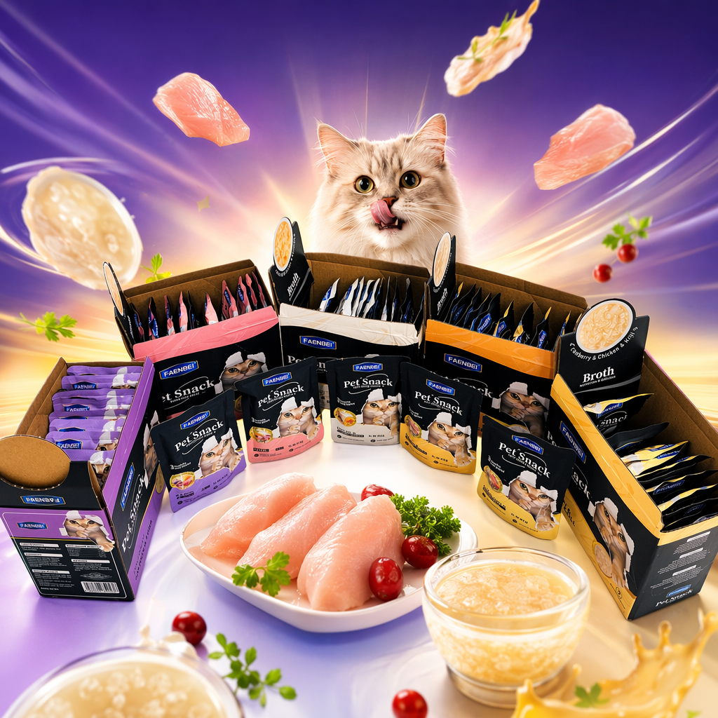 تستخدم علبة فاينبي سناك (Faenbi Pet Snackk) علب وجبات خفيفة رطبة متعددة الألوان تحتوي على أكياس مستقلة ذات مذاق أصفر ورمادي أصفر Specification image