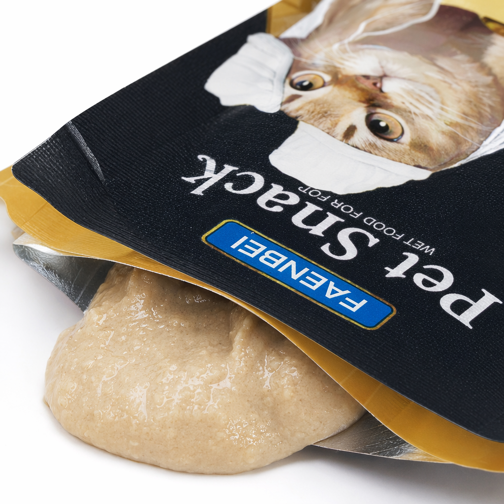 تستخدم علبة فاينبي سناك (Faenbi Pet Snackk) علب وجبات خفيفة رطبة متعددة الألوان تحتوي على أكياس مستقلة ذات مذاق أصفر ورمادي أصفر Application Scenario