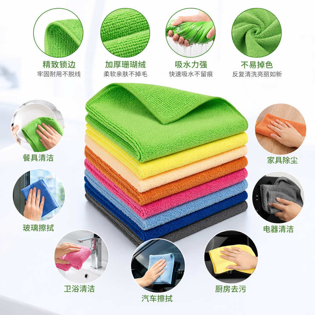 彩色超细纤维抹布堆叠式清洁布吸水快不留痕
