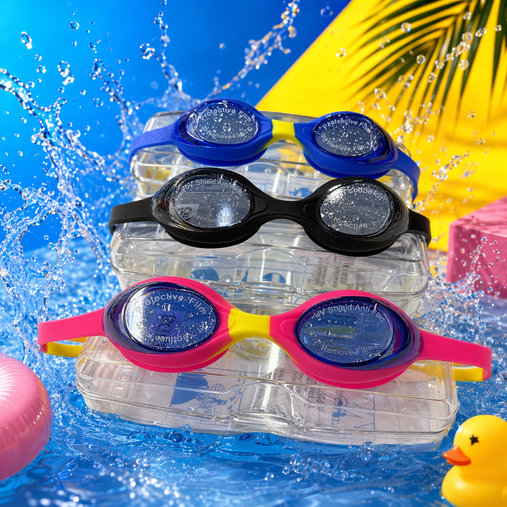 Three pairs of colored swimming goggles in blue, yellow, black, pink and yellow, with protective film and transparent storage box Specification image