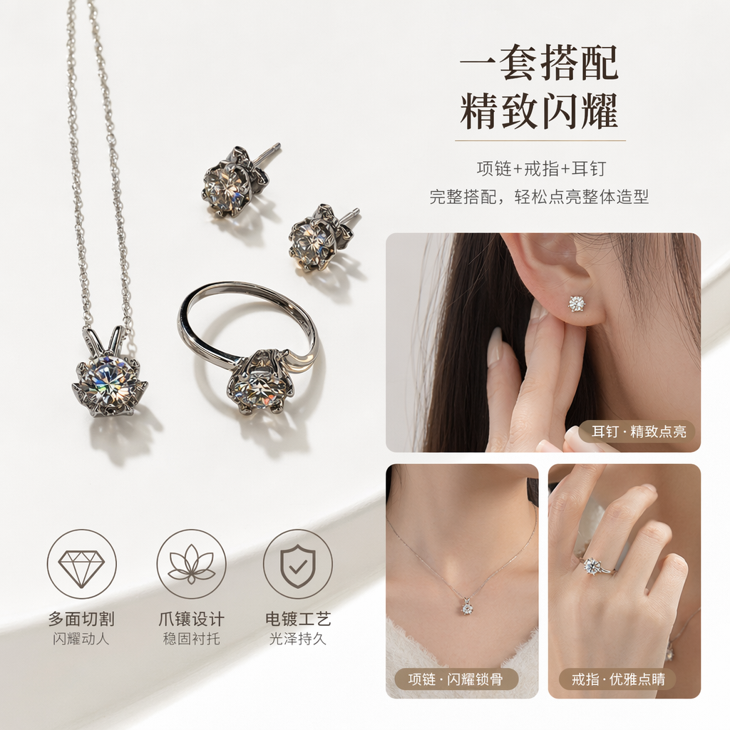 全银套装 吊坠项链戒指耳钉三件套