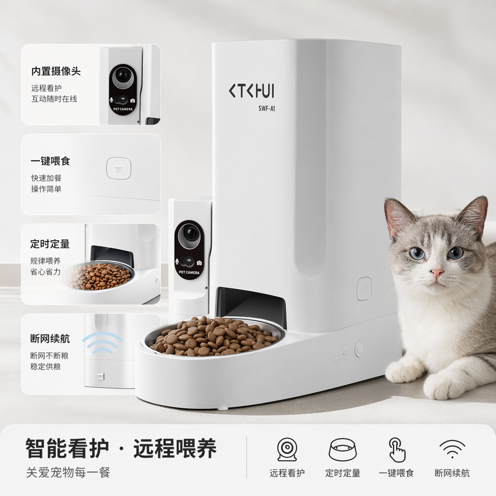 白色智能宠物喂食器带摄像头和粮碗自动定时定量喂食