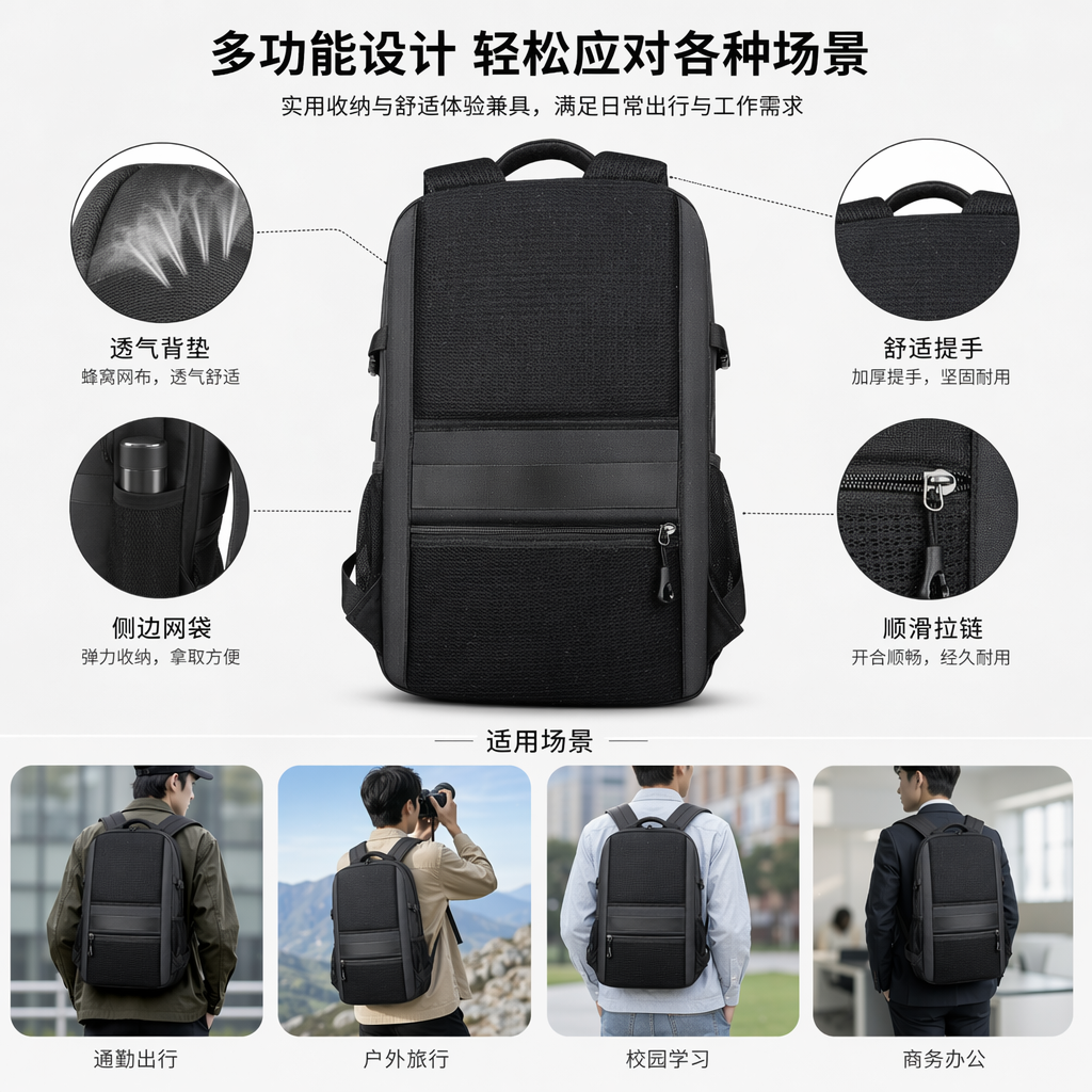 黑色尼龙防水通勤背包轻便耐磨学生上班族日常用