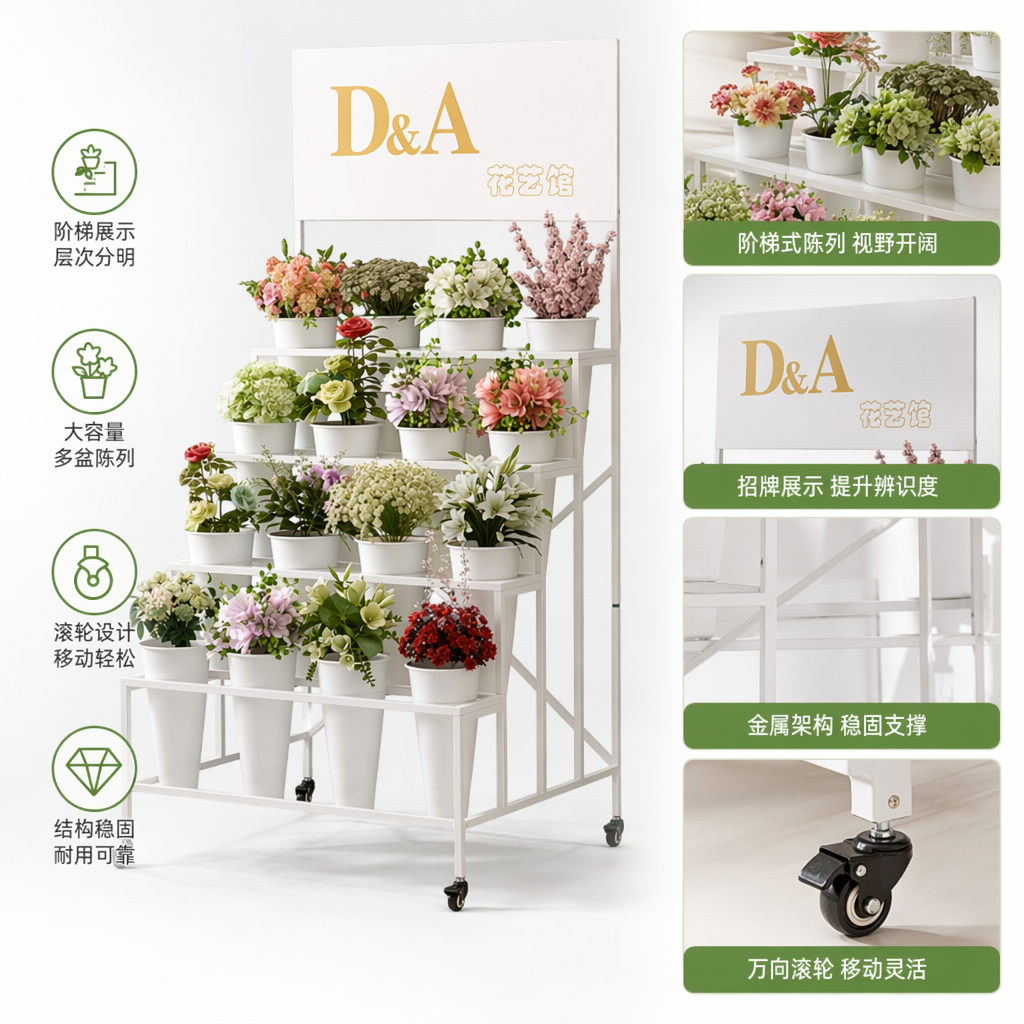 白色花架陈列多盆花卉家用阳台客厅落地式铁艺简约