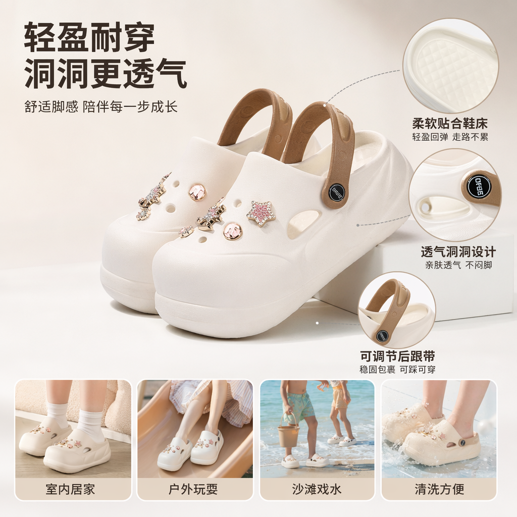 白色黑色洞洞鞋装饰扣多色可选EVA材质厚底设计图