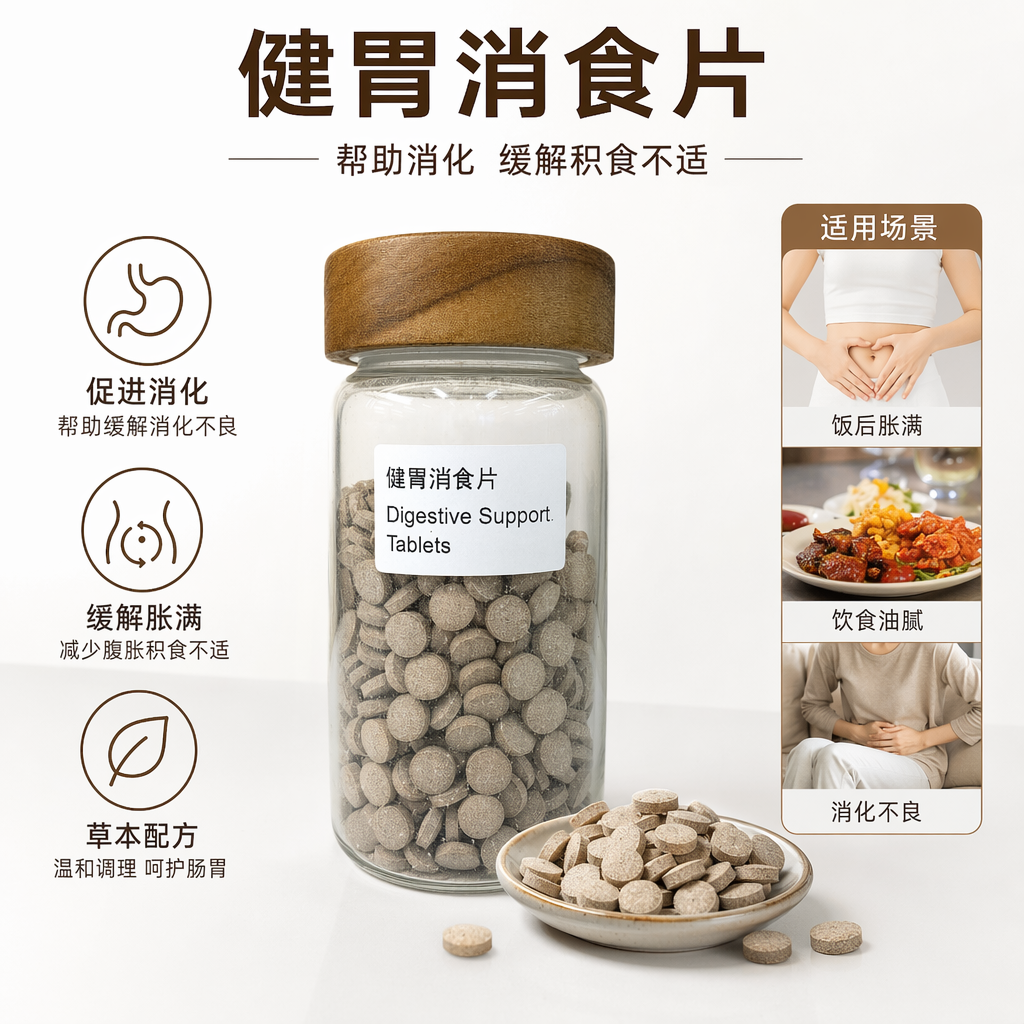 透明玻璃罐装健胃消食片 Digestive Support Tablets 木质盖灰褐色圆形药片
