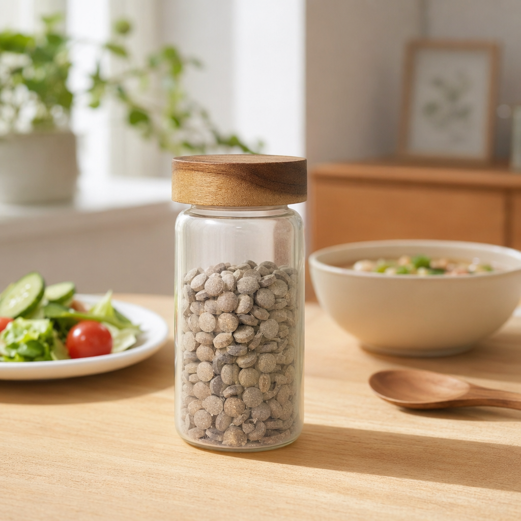 Digestive Support Tablets in transparent glass cans, wooden LIDS, grayish-brown round tablets details Picture