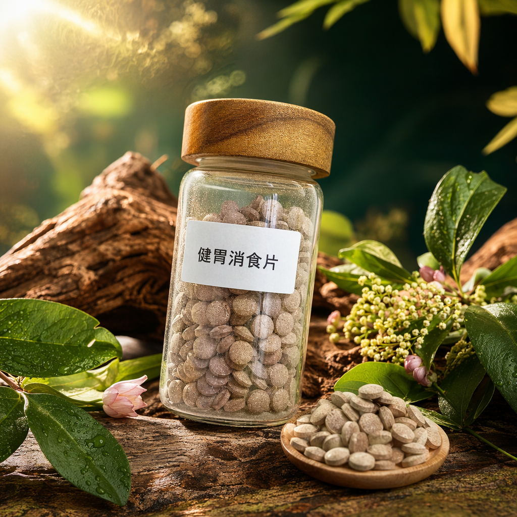 Digestive Support Tablets in transparent glass cans, wooden LIDS, grayish-brown round tablets Specification image