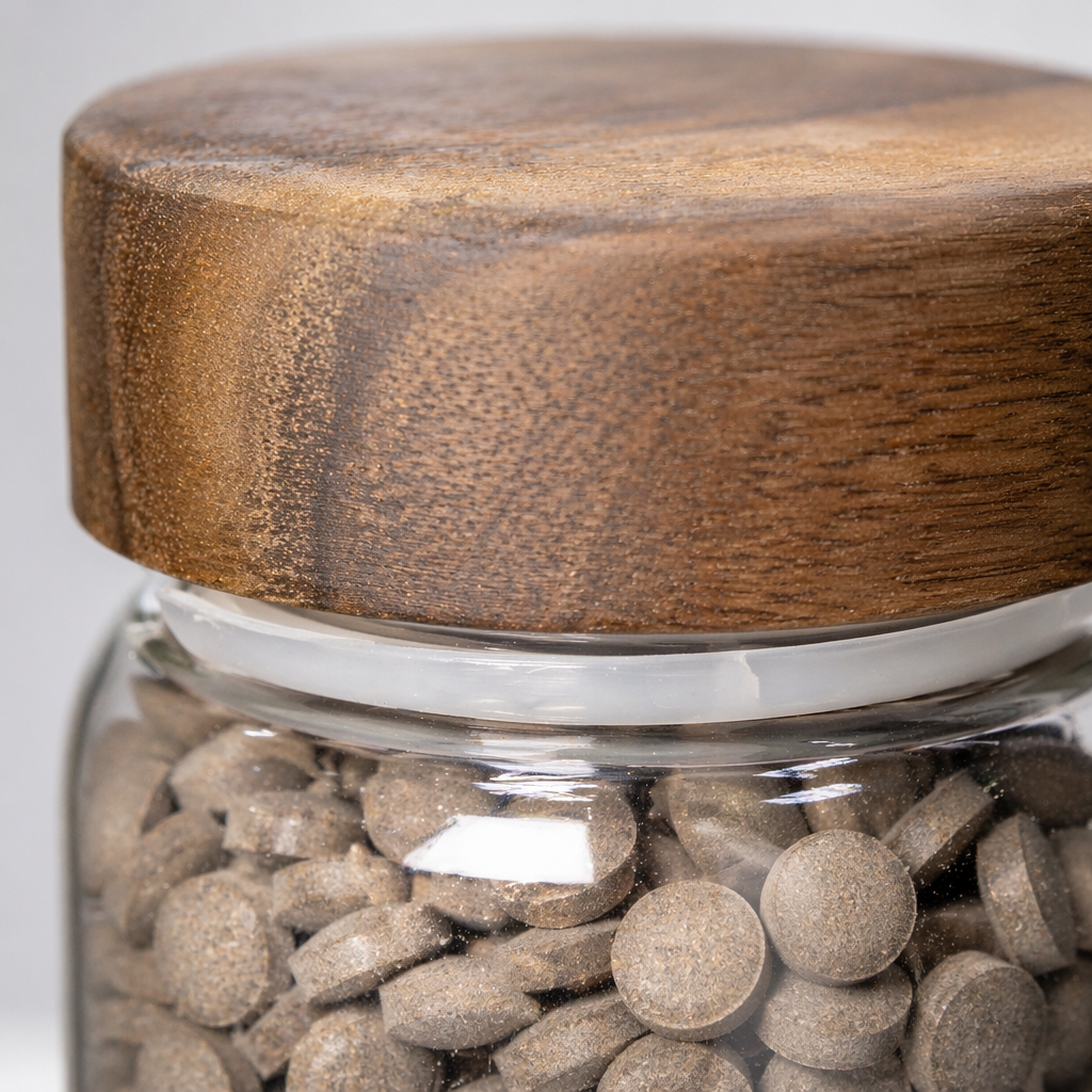 Digestive Support Tablets in transparent glass cans, wooden LIDS, grayish-brown round tablets Application Scenario