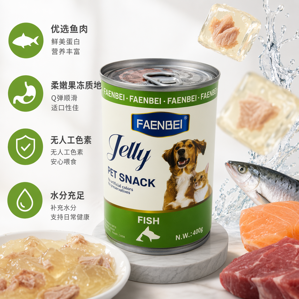 FAENBEI蓝色罐装鱼味宠物果冻零食400g狗猫图案