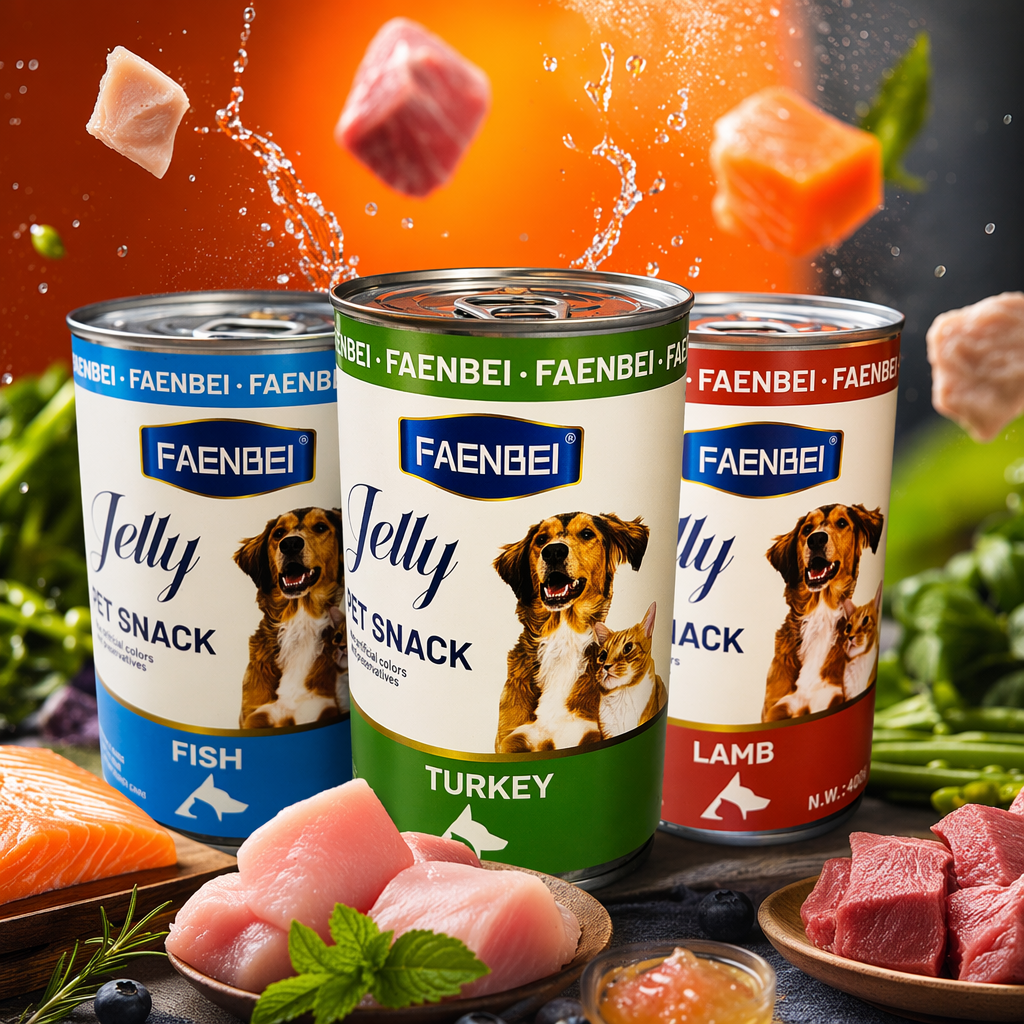 FAENBEI blue canned fish-flavored pet jelly snacks 400g with dog and cat patterns Specification image