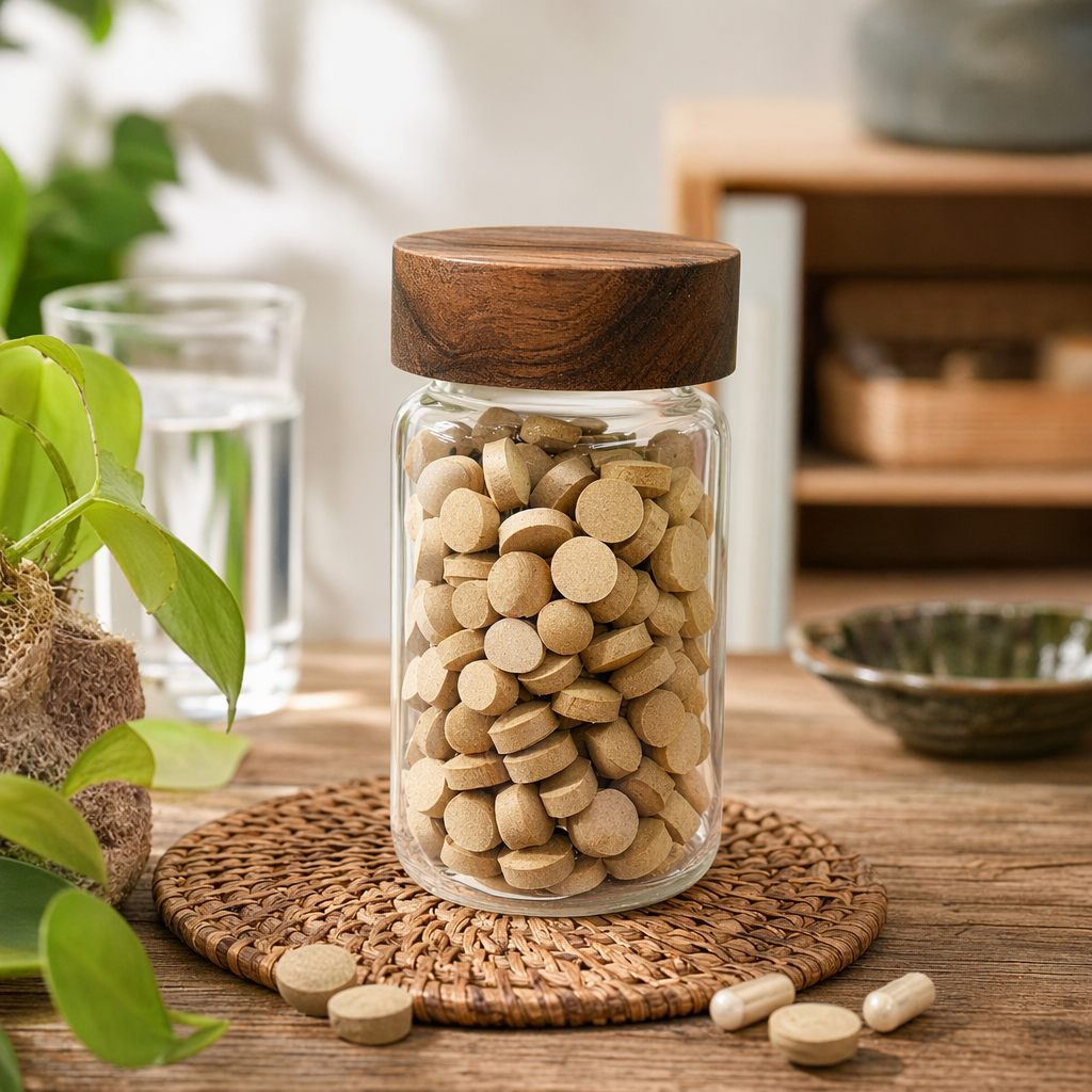 A transparent glass jar with a wooden lid and a light brown tablet storage container details Picture