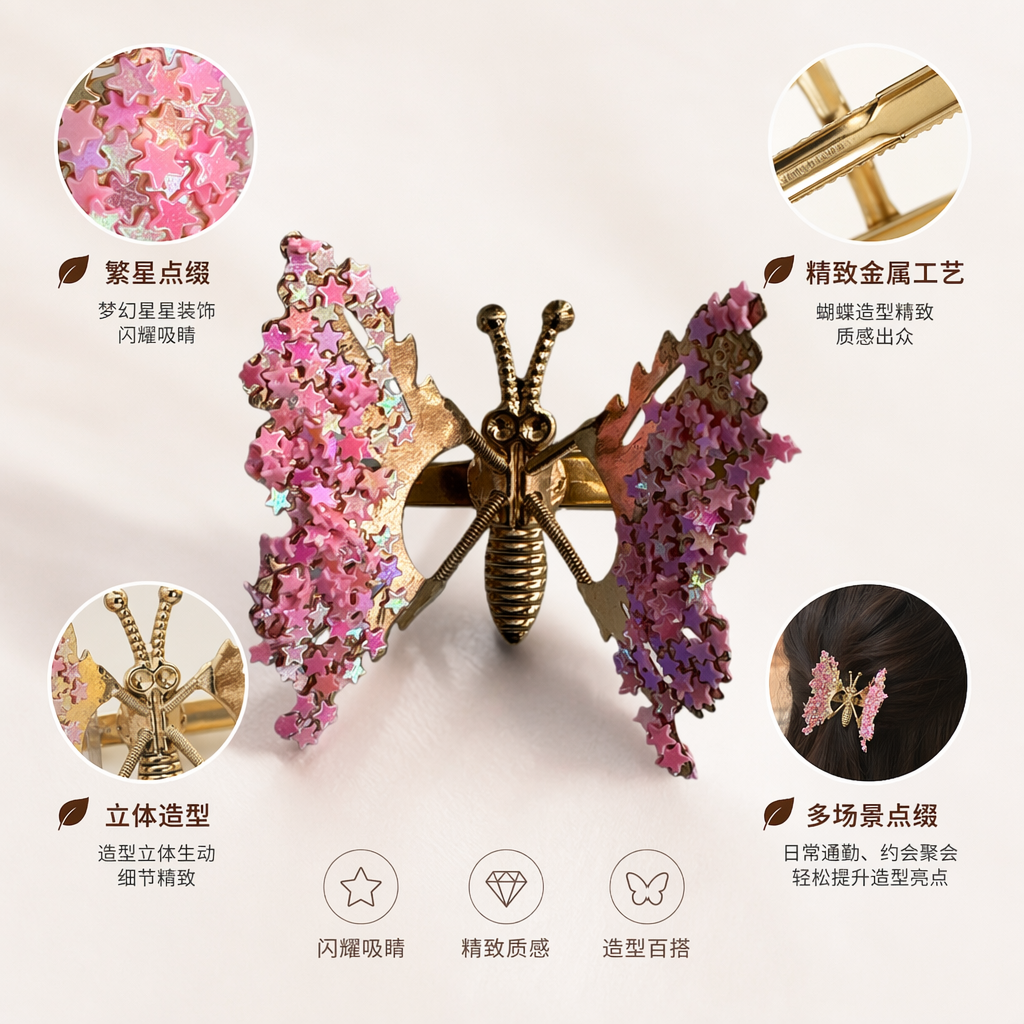 金色蝴蝶发夹翅膀缀满粉色星形亮片时尚甜美头饰