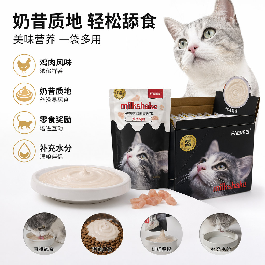 FAENBEI鸡味奶昔湿粮黑色包装盒奶昔味猫零食袋高蛋白灰白猫面部特写