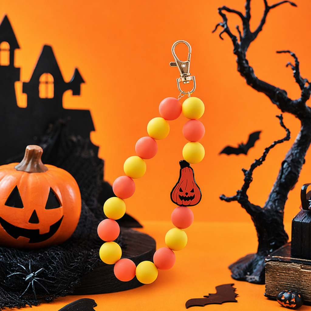 Halloween-themed colorful silicone bead pendants, spider web, bat, witch hat, pumpkin lantern, skull keychain bracelet Specification image