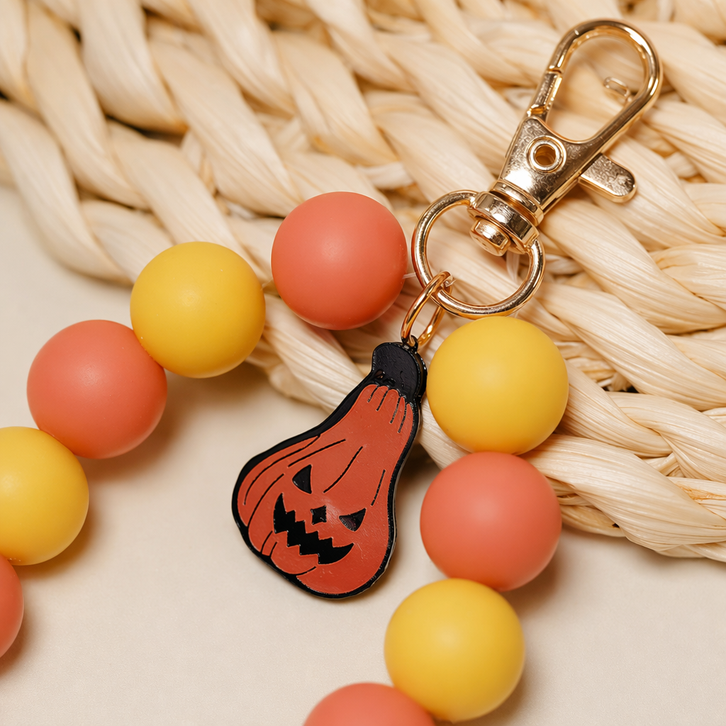 Halloween-themed colorful silicone bead pendants, spider web, bat, witch hat, pumpkin lantern, skull keychain bracelet Application Scenario