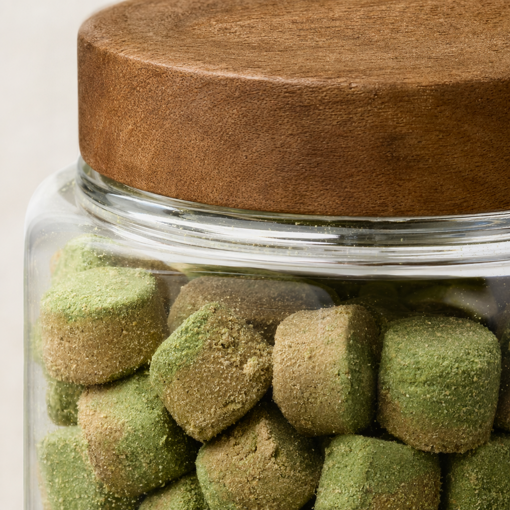 Tear stain lecithin tablets, transparent glass jar, wooden lid, beige green lecithin tablets, 60g Application Scenario