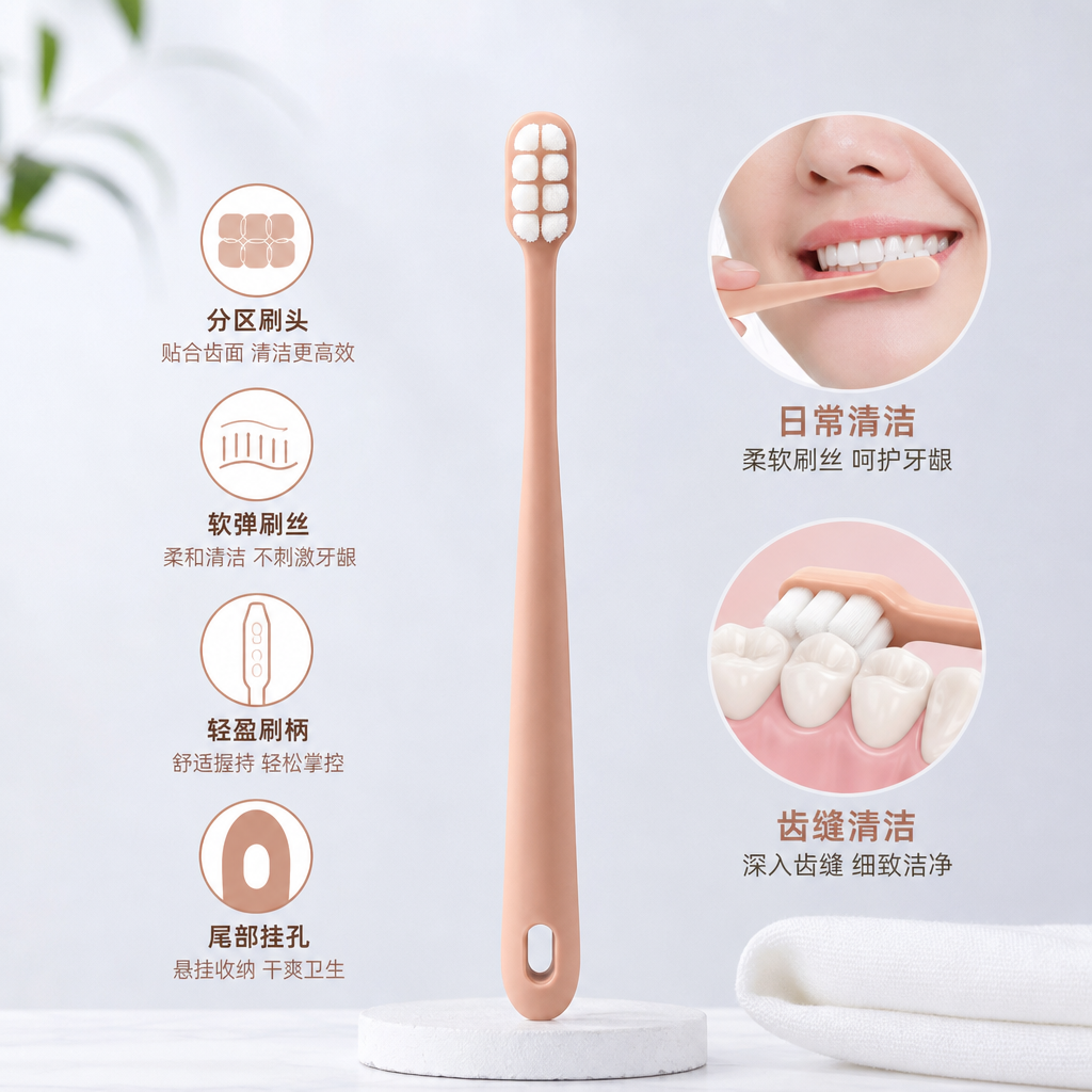 粉色硅胶手柄牙刷成人软毛口腔清洁