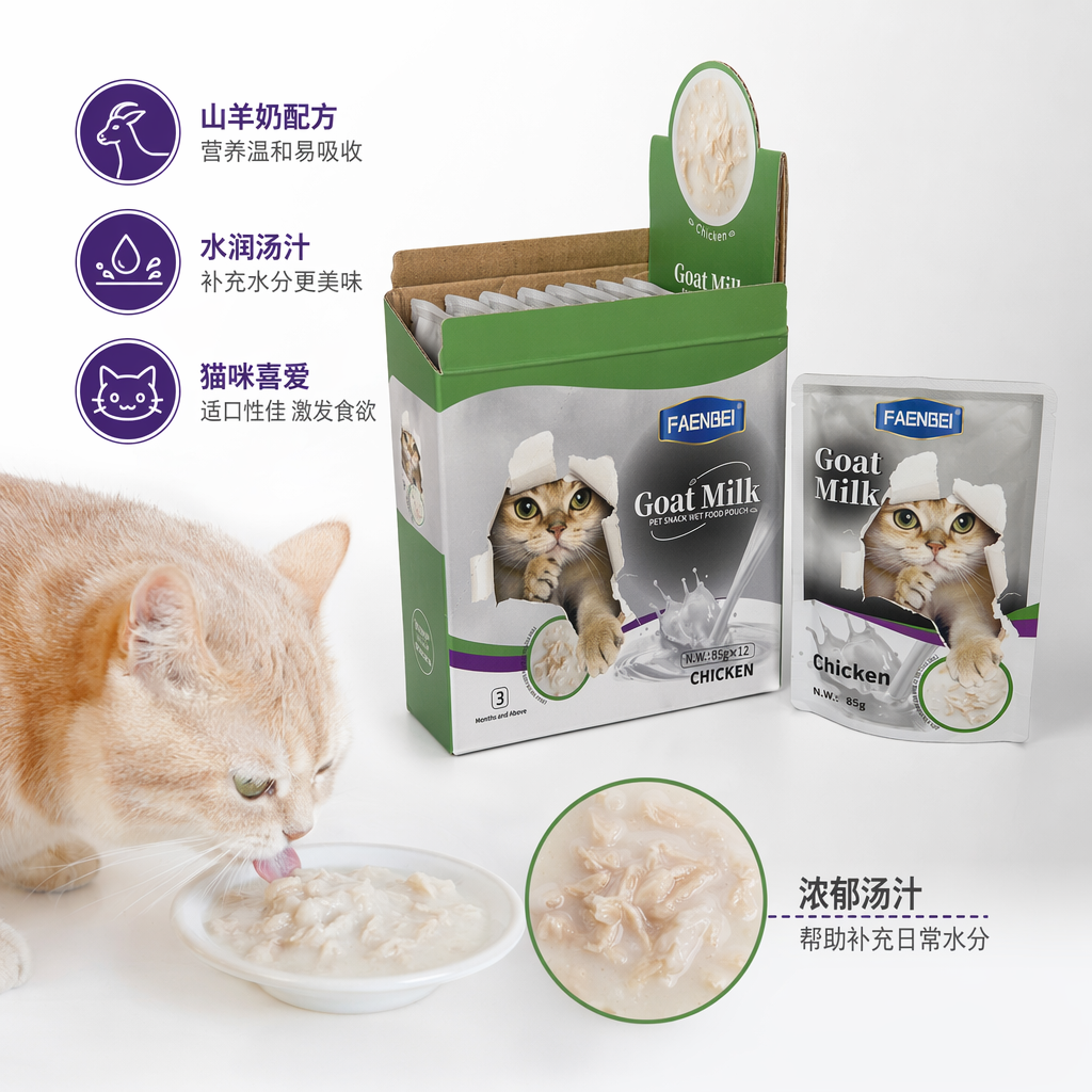 FAENBEI山羊奶鸡肉味猫粮湿粮绿色包装盒装85克×多袋独立小包适配3月龄以上猫咪