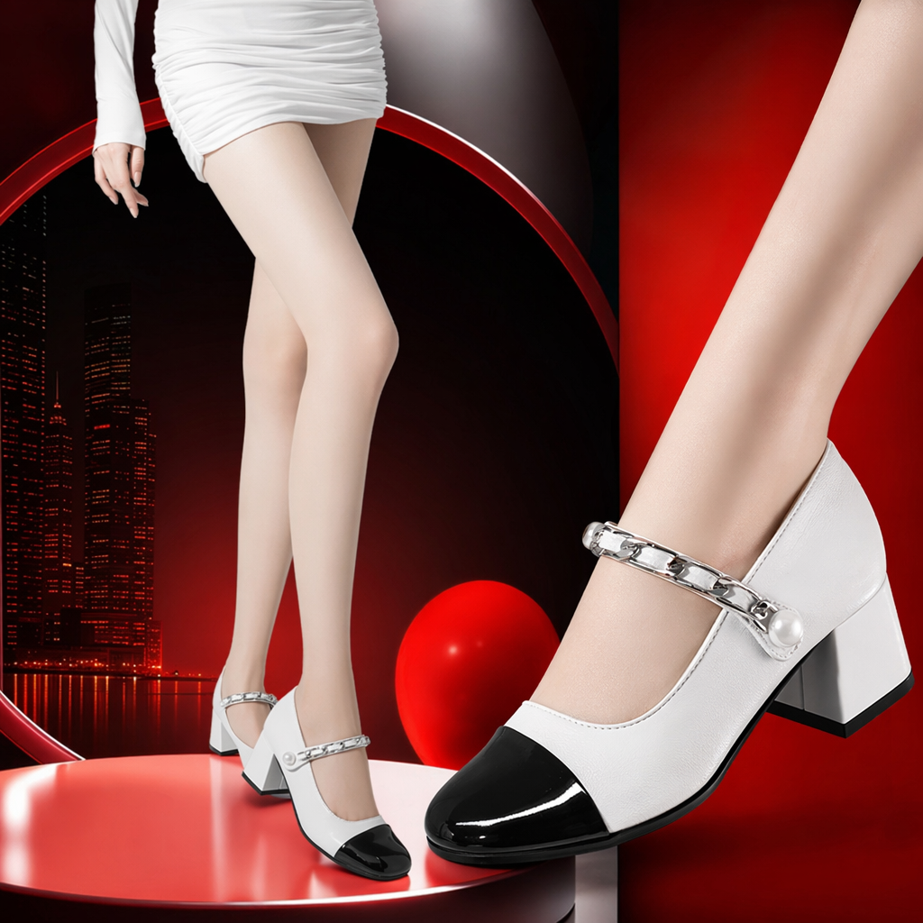 A women's suit featuring a white top, a white short skirt, nude stockings and black and white high heels Specification image