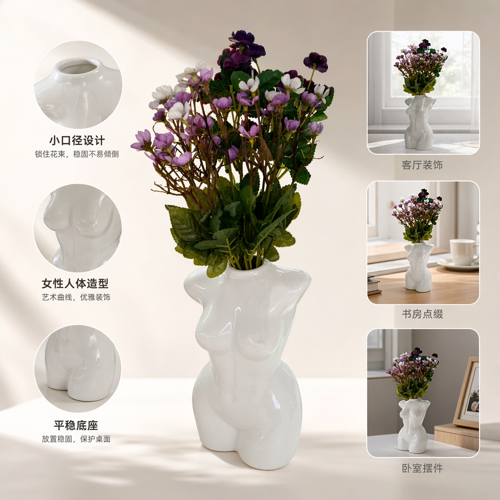 白色人体造型花瓶配紫色仿真花家居装饰摆件