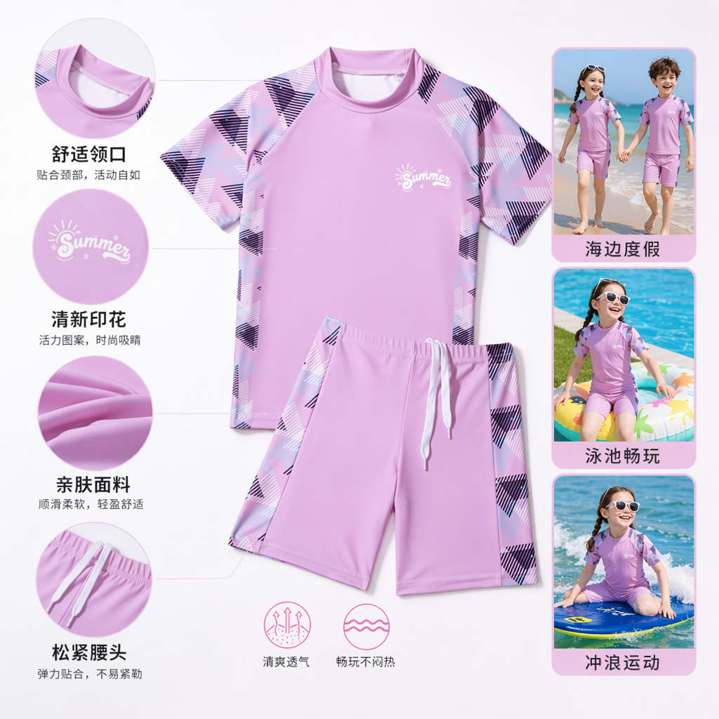 粉色泳衣套装 女款修身防紫外线连体泳装 夏季沙滩游泳服饰