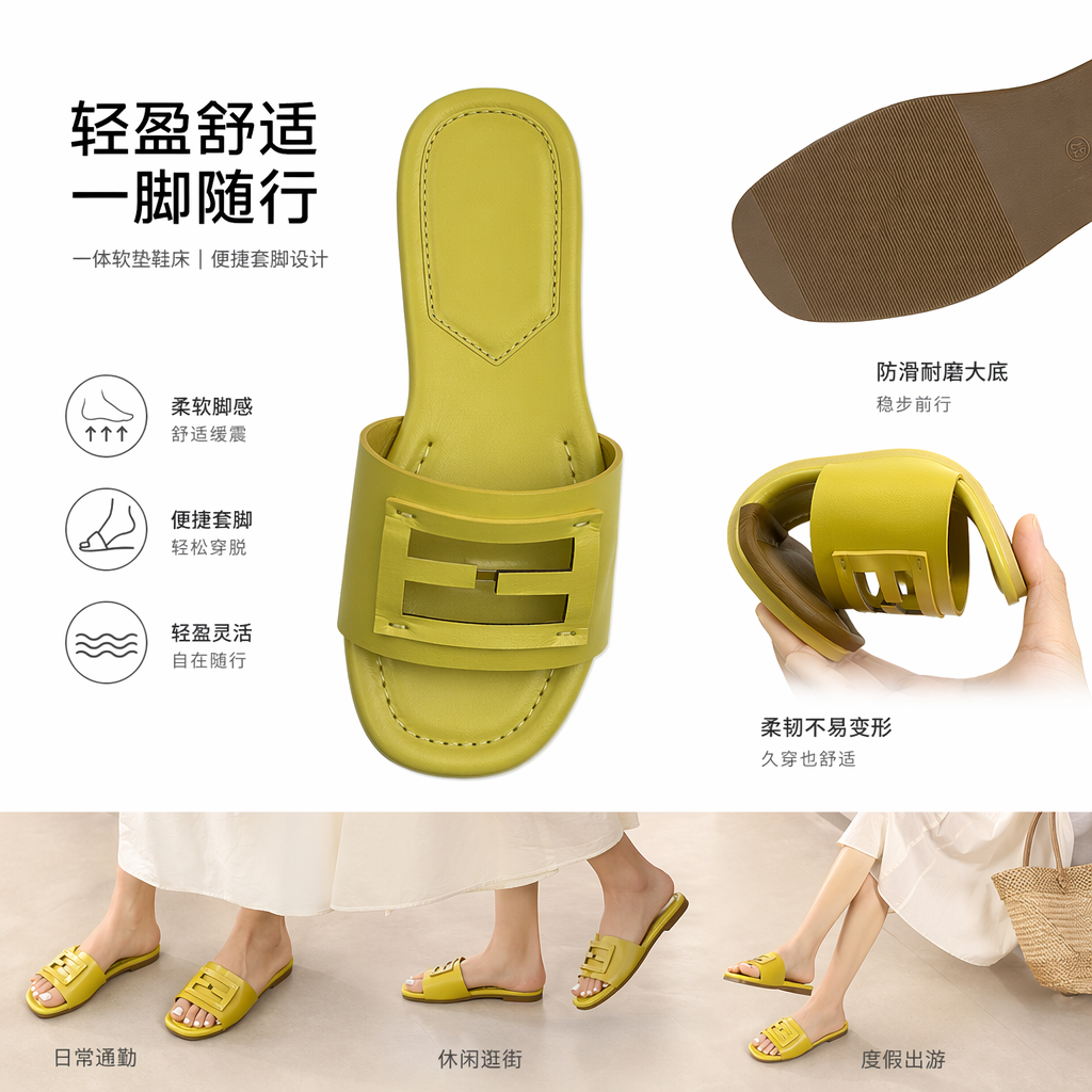 黄色棕色黑色简约凉鞋女夏季透气平底 sandals