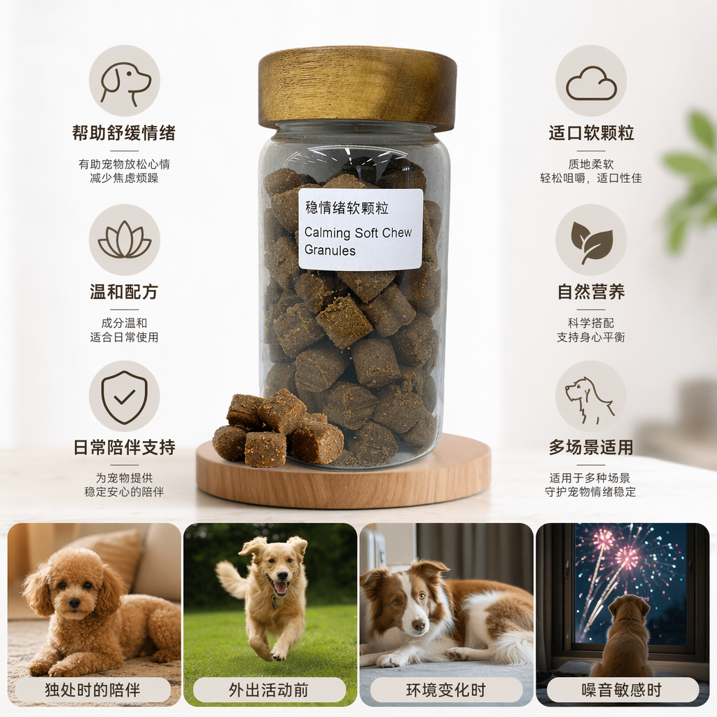 Brown soft granular pet snacks in a transparent glass jar with a wooden lid