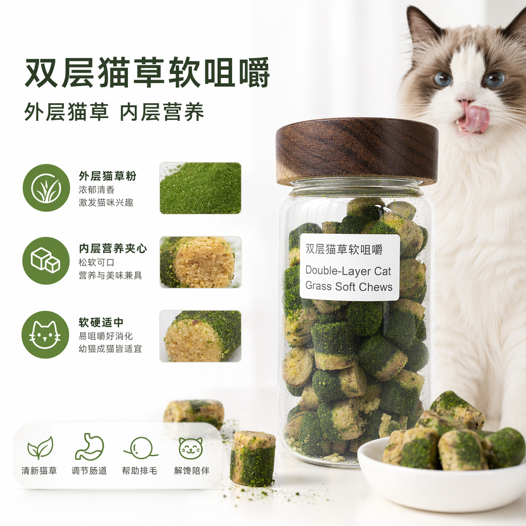 Double-layer cat grass soft chewable healthy snacks specially designed for pets in transparent glass cans