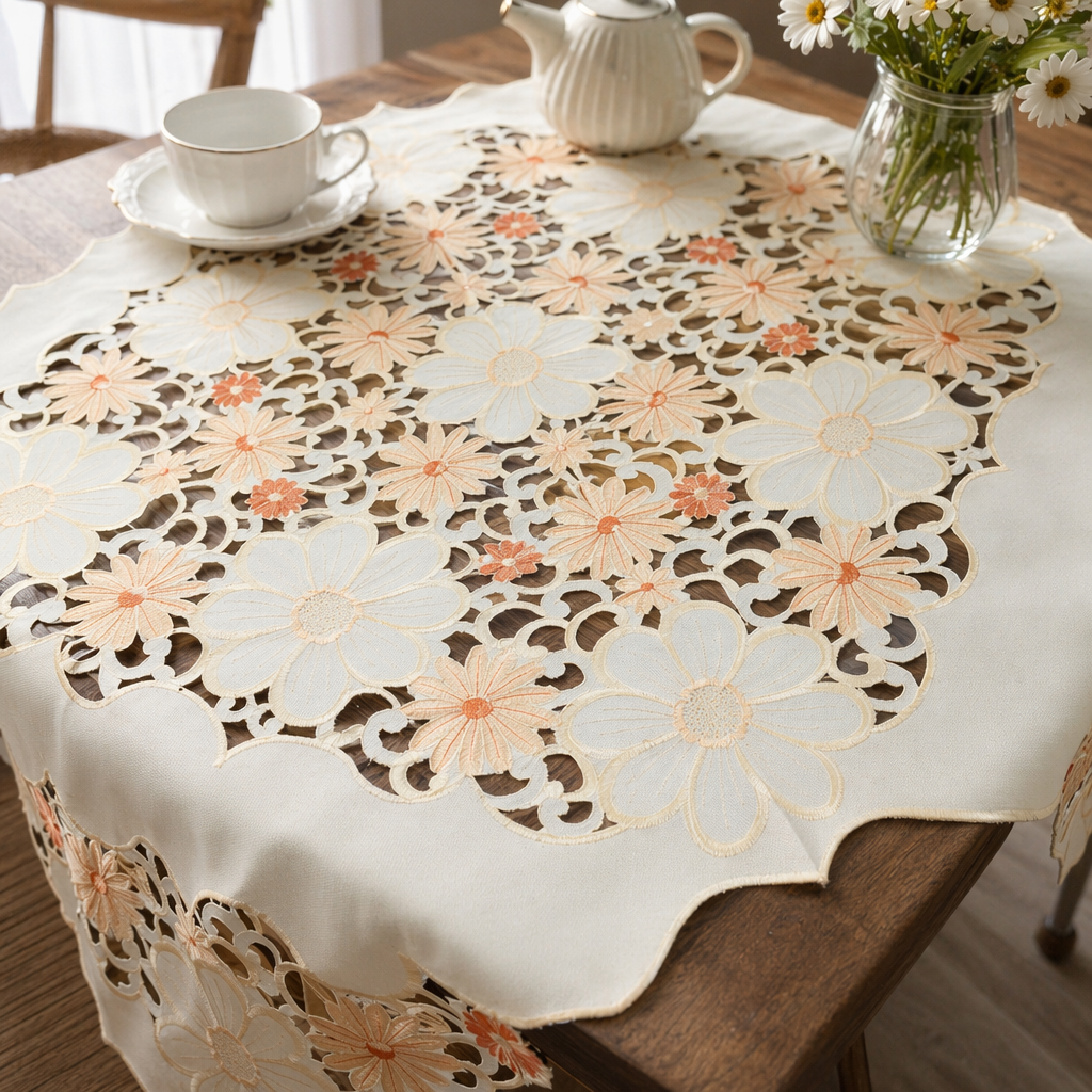 White floral openwork tablecloth, machine washable Nordic-style tablecloth details Picture