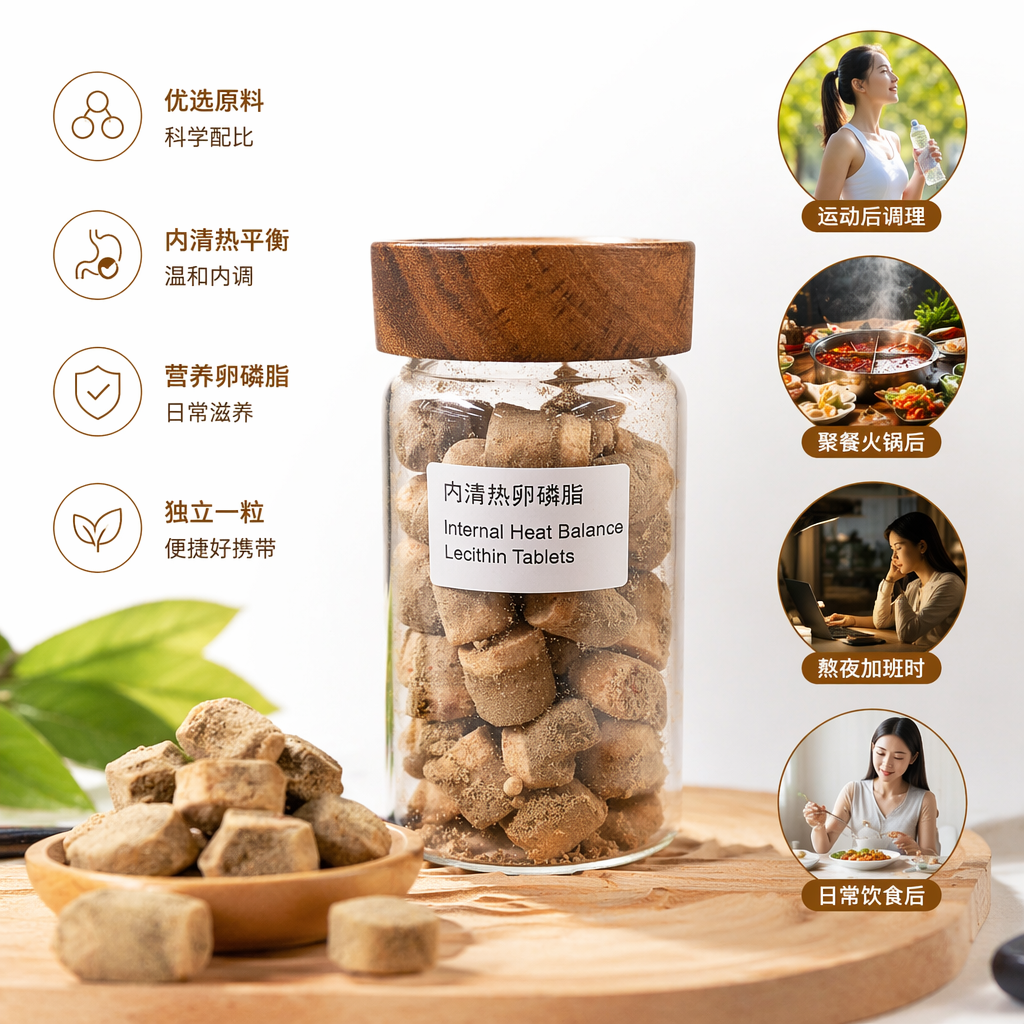 60 brownish-yellow block-shaped heat-clearing lecithin pills in a transparent glass jar with a wooden lid