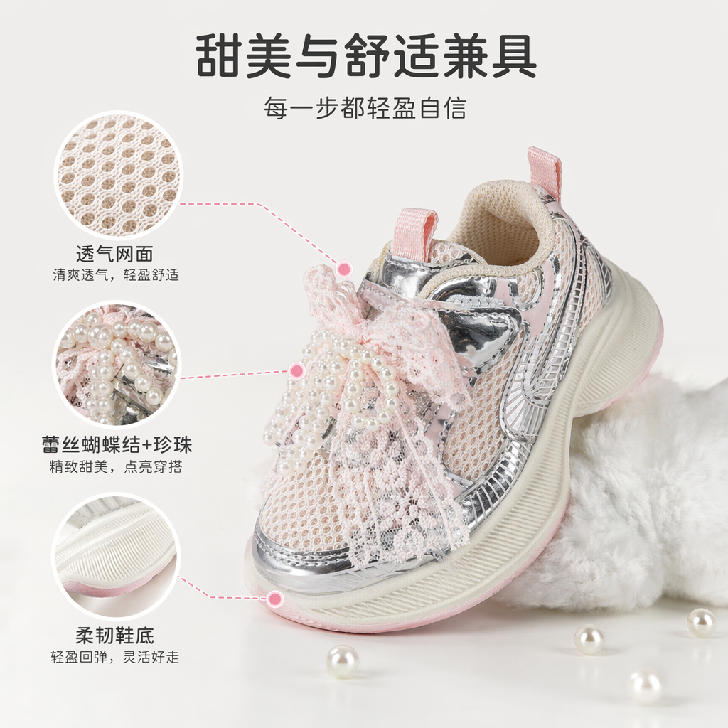 粉色蕾丝珍珠装饰运动鞋 女款休闲百搭轻便透气图