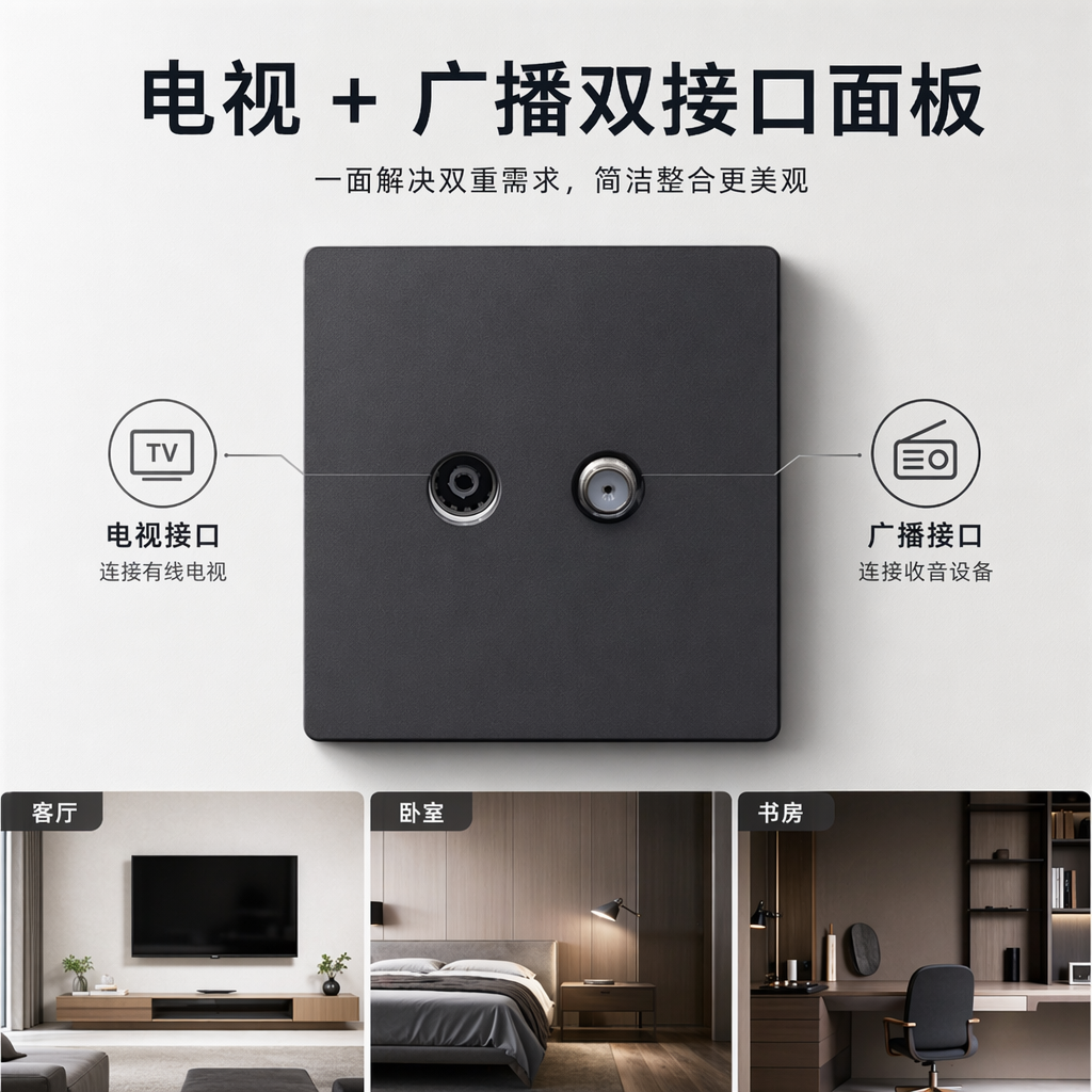 T2黑色面板双孔接口 卫星+电话墙壁插座 适配多种设备稳定安装