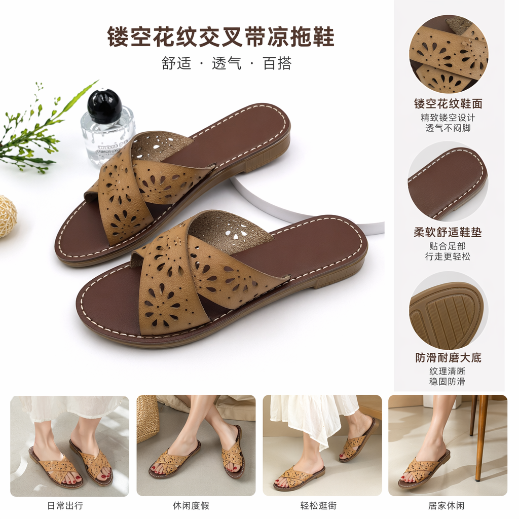 Three pairs of colorful hollowed-out cross-strap flip-flops with brown soles, off-white stitching, wine red and dark blue khaki perfume bottles, and green plant decorations