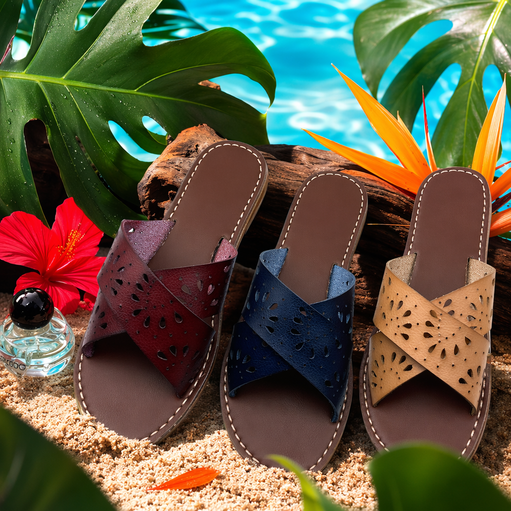 Three pairs of colorful hollowed-out cross-strap flip-flops with brown soles, off-white stitching, wine red and dark blue khaki perfume bottles, and green plant decorations Specification image