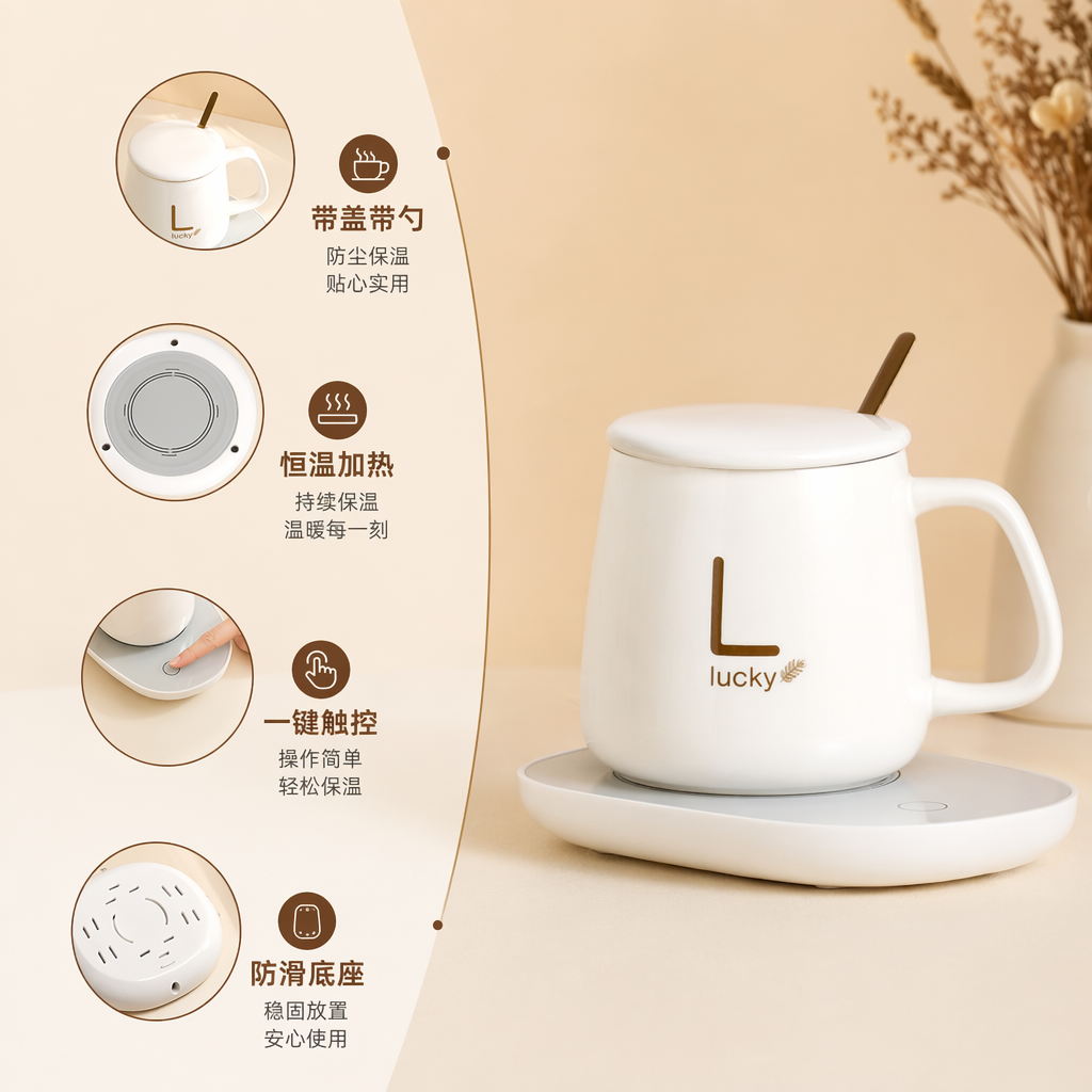 L lucky白色陶瓷加热杯配白金礼盒棕色提手