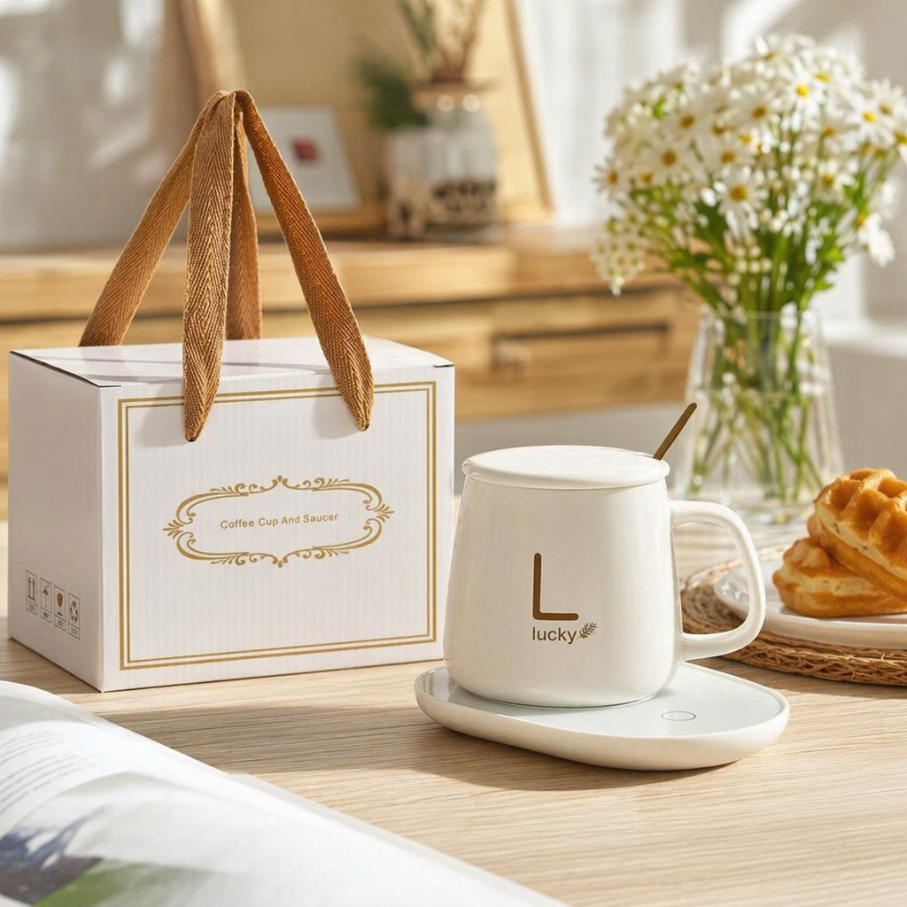 L lucky White ceramic heating cup with platinum gift box and brown handle details Picture
