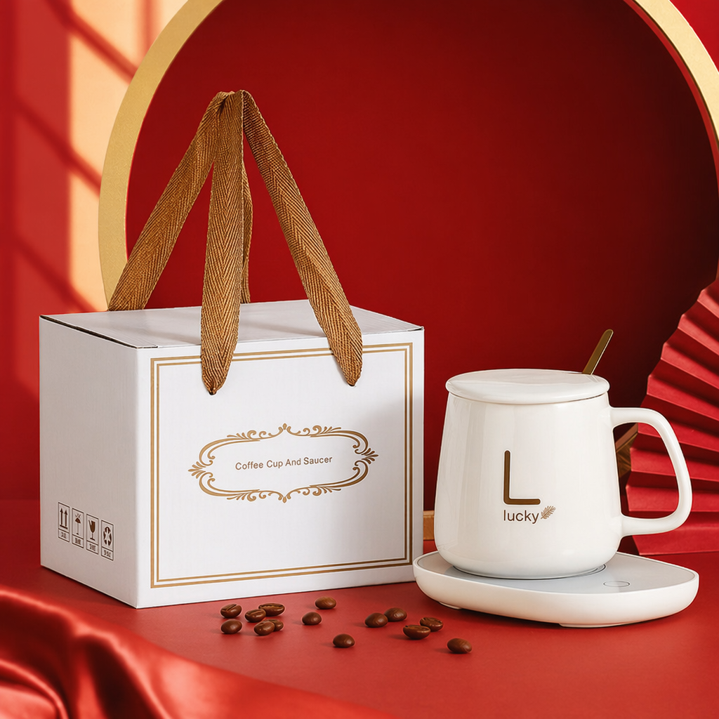 L lucky White ceramic heating cup with platinum gift box and brown handle Specification image