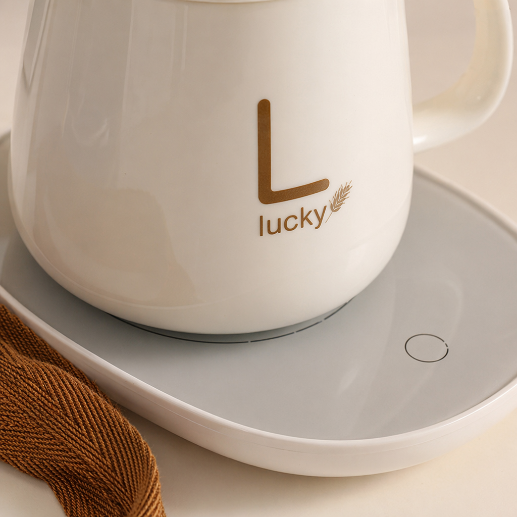 L lucky White ceramic heating cup with platinum gift box and brown handle Application Scenario