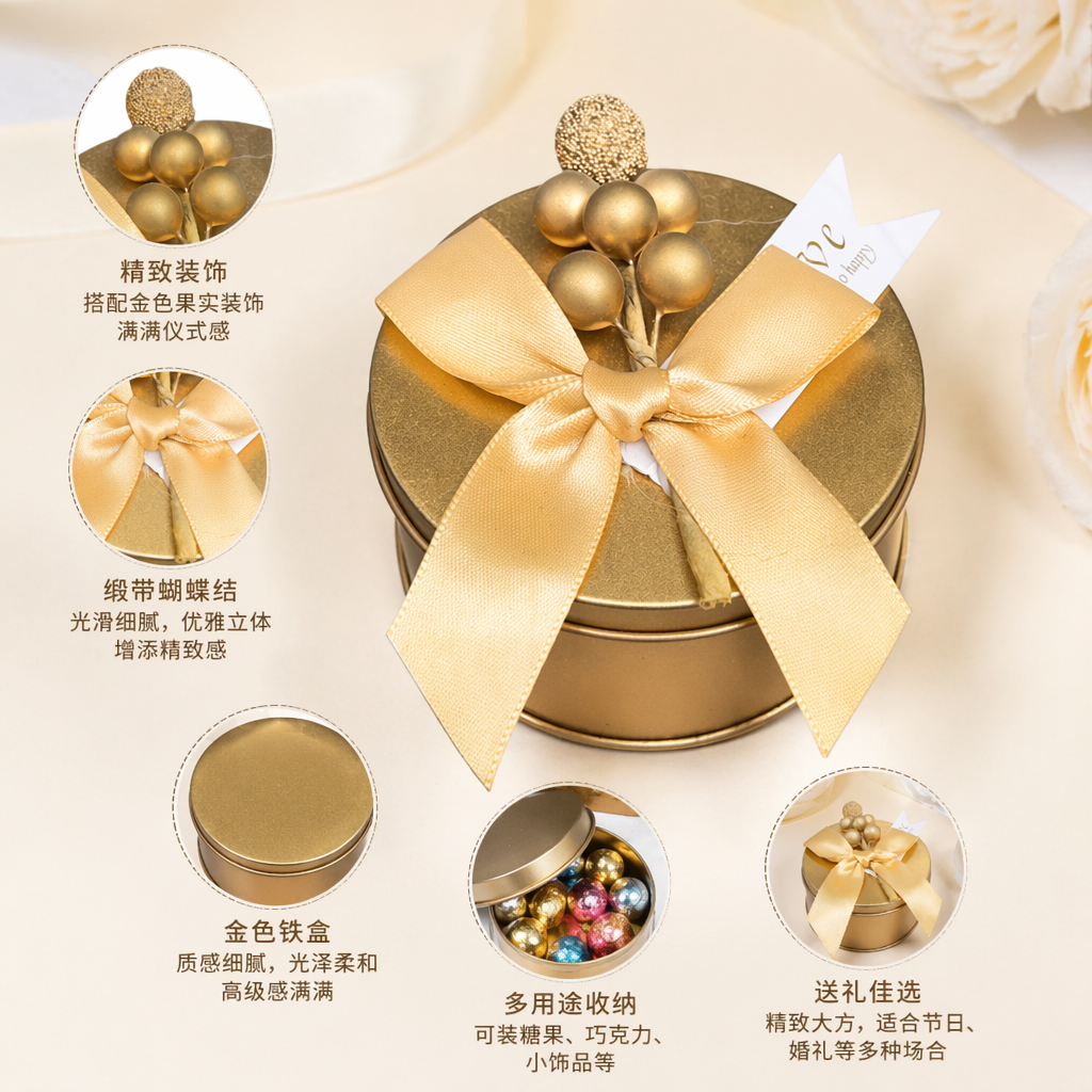 金色圆形礼盒搭配丝带蝴蝶结礼赠佳品节日婚庆通用